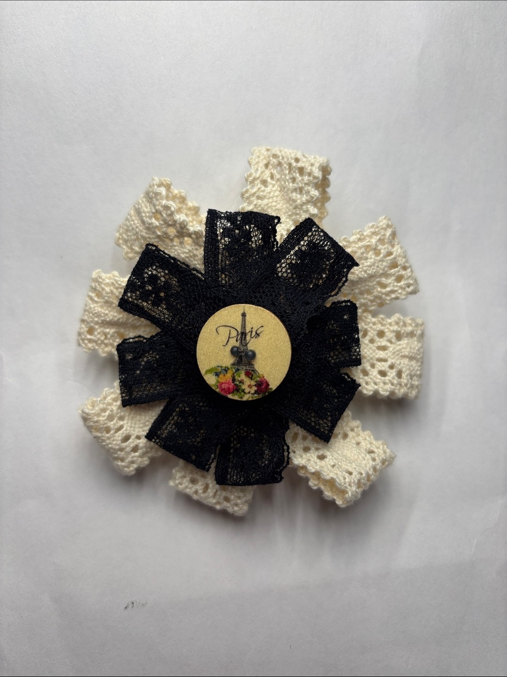 Handmade Paris Inspired Black and Cream Lace Hair Bow
